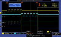 Active transmission mode: Data are received and transmitted by a processor where those are completely reconstructed. The delay coming from that process is one byte. (yellow - data in; light blue - data out)